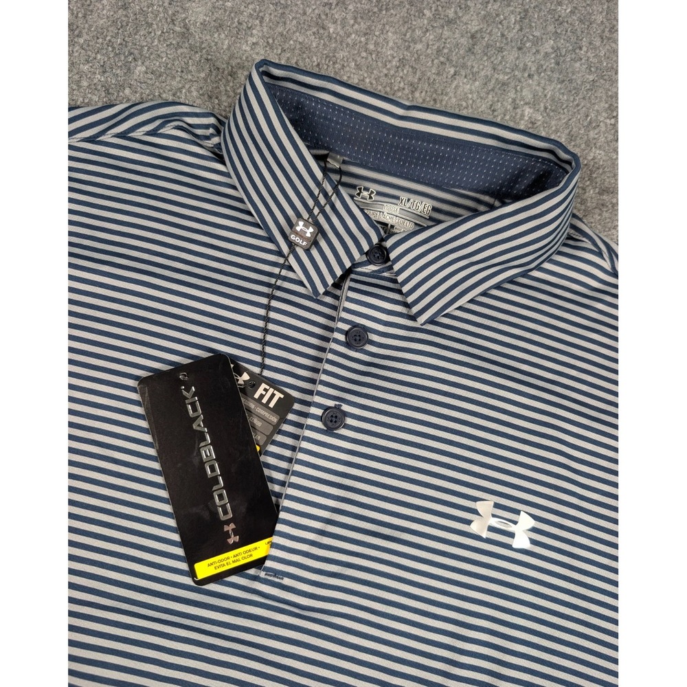 Under‎ Armour Colorblack Polo Shirt Mens XL Navy Gray Loose Fit Striped NWT